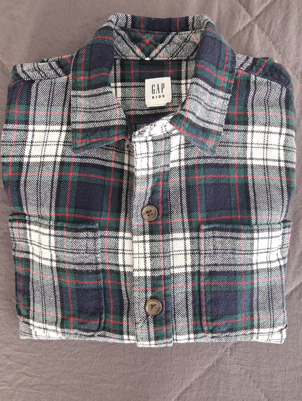 GAP Plaid Button-Down Shirt — Green, Navy & White with Red Accents, S Boys